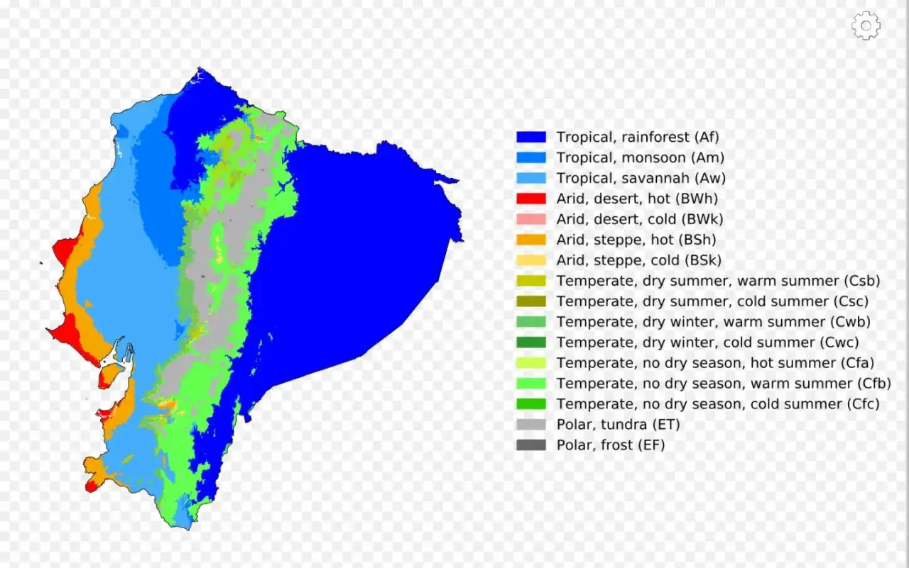 Mapa klimatyczna Ekwadoru. R&oacute;żne kolory oznaczają strefy klimatyczne. Kiedy jechać, zależy od wybranej strefy.