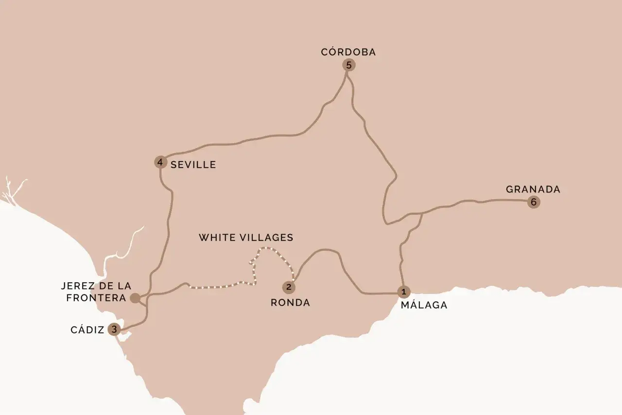 Map showing a southern Spain itinerary, connecting Málaga, Ronda, White Villages, Seville, Jerez de la Frontera, Cádiz, Córdoba, and Granada.