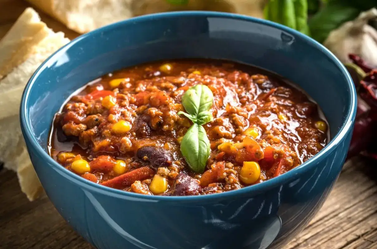 Gęsty, aromatyczny sos meksykański z mielonym mięsem, fasolą i kukurydzą, udekorowany listkiem bazylii.