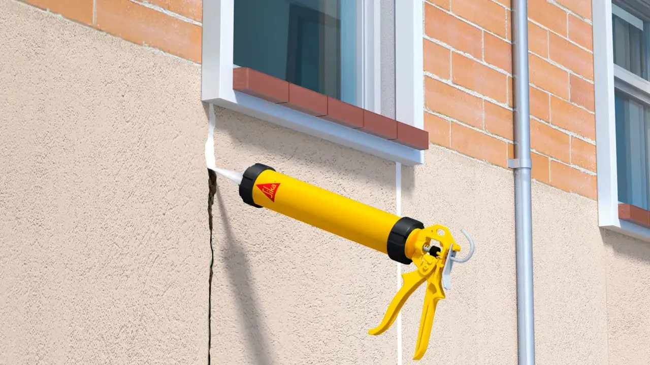 Pistola aplica sellador para impermeabilizar pared exterior, rellenando una grieta junto a una ventana.