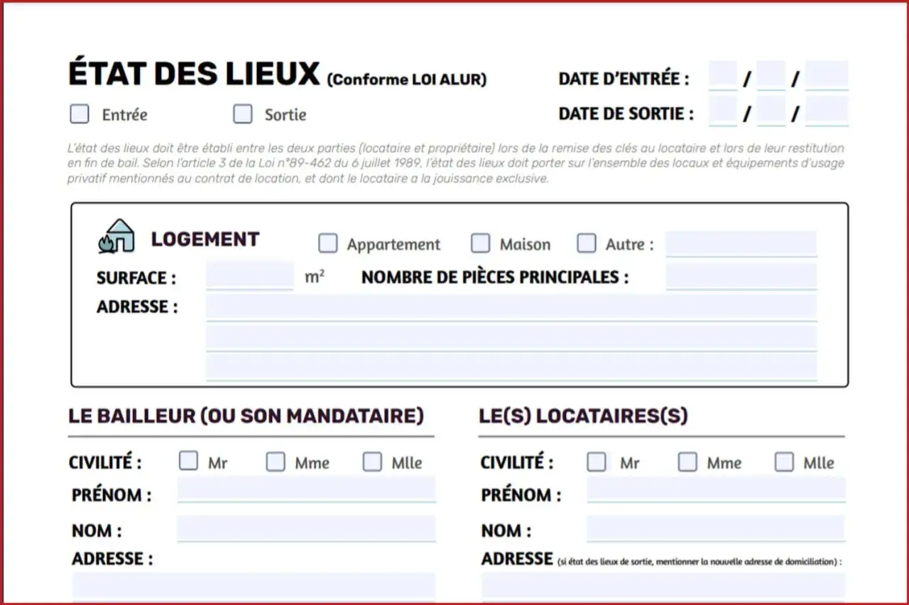 Formulaire d'état des lieux d'entrée ou de sortie, avec champs pour les dates, le logement, le bailleur et les locataires. Ce pré état des lieux est essentiel.