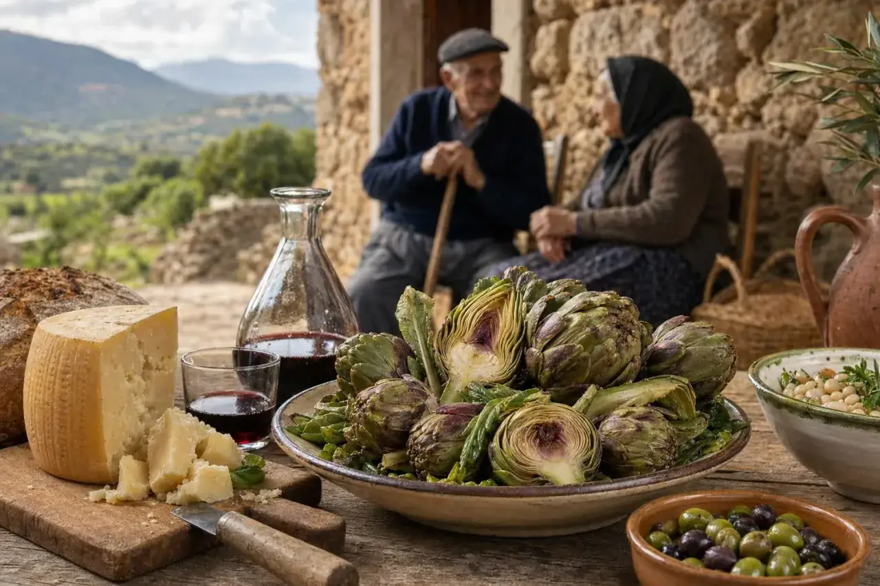 Un pasto rustico con formaggio, carciofi e vino rosso. Una coppia anziana conversa sullo sfondo. La tabella colesterolo formaggi è un argomento da considerare con moderazione.