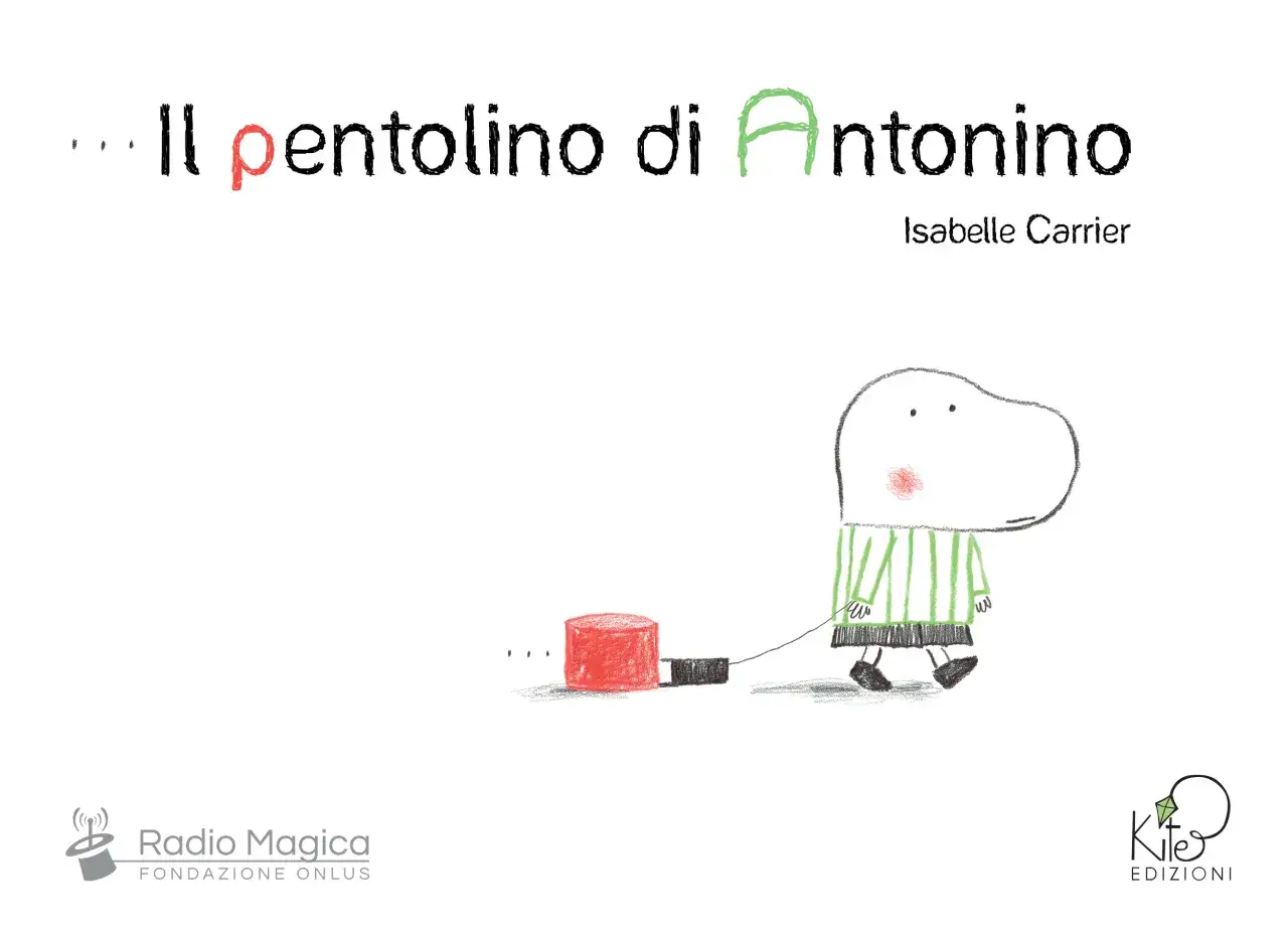 Il pentolino di Antonino, un simpatico personaggio con un cappello a righe, trascina un oggetto rosso. Schede didattiche per imparare giocando.