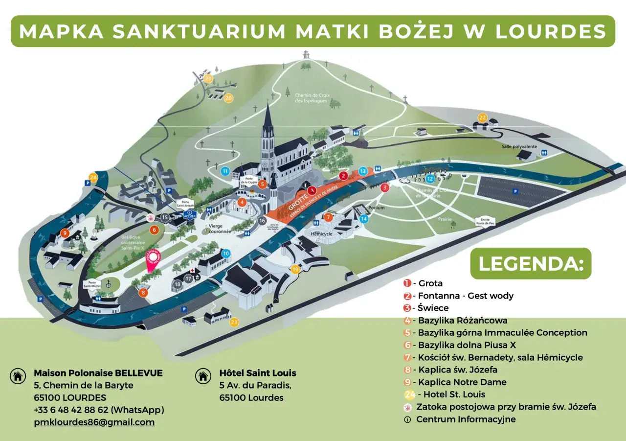 Mapa najpopularniejszego sanktuarium we Francji, Lourdes, z zaznaczonymi bazylikami, grotą i innymi ważnymi miejscami.