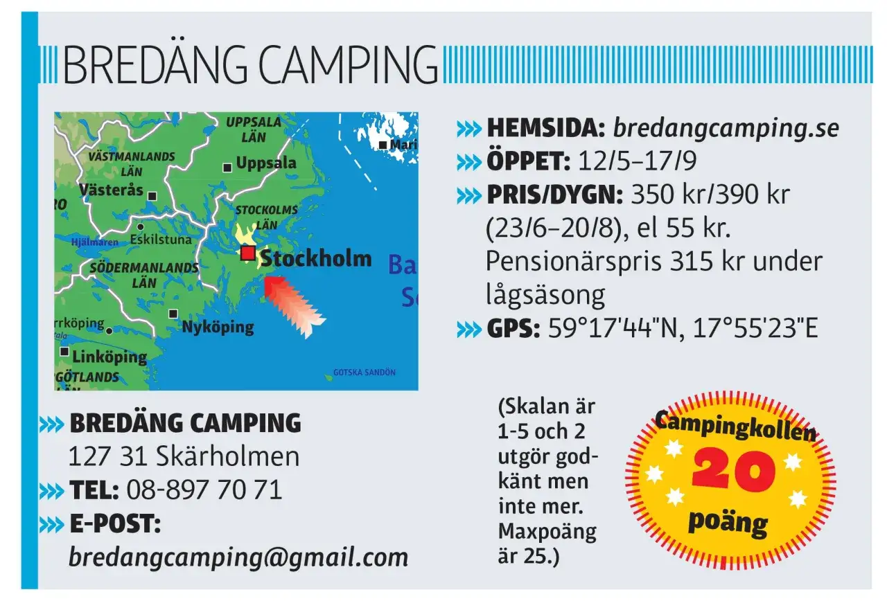 Bredäng Camping nära Stockholm. Öppet 12/5-17/9. GPS: 59°17'44