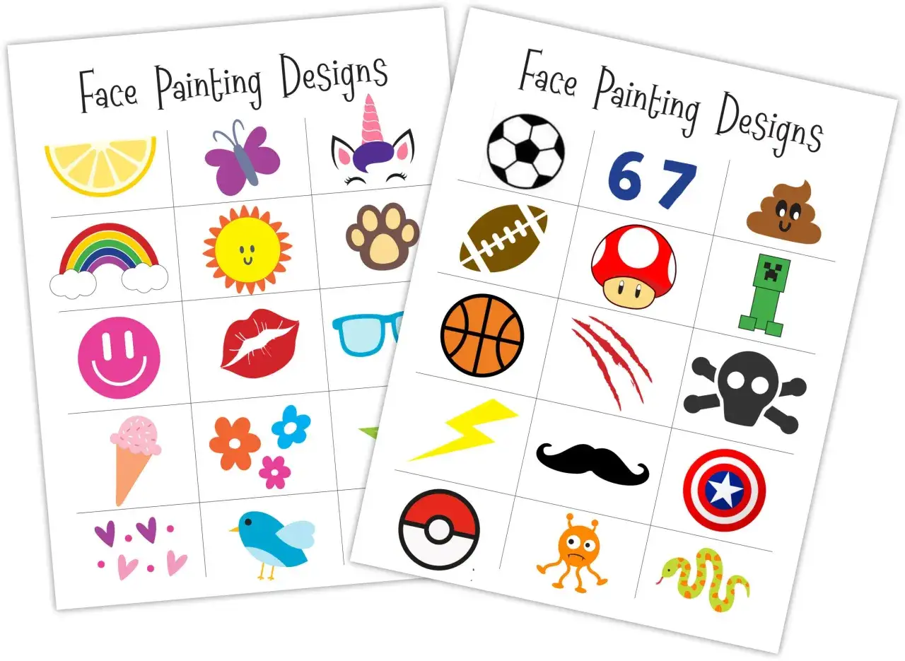 Vorlagen f&uuml;r Kinderschminken: Zitrone, Schmetterling, Einhorn, Sonne, Pfote, Fu&szlig;ball, Mario-Pilz, Smiley, Lippen, Brille, Basketball, Krallen, Blitz, Schnurrbart, Pokeball, Monster, Schlange, Captain America.