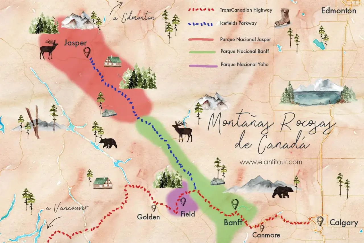 Mapa ilustrado de las Montañas Rocosas de Canadá, ideal para planificar tu viaje a Canadá, mostrando rutas como Icefields Parkway y parques nacionales.