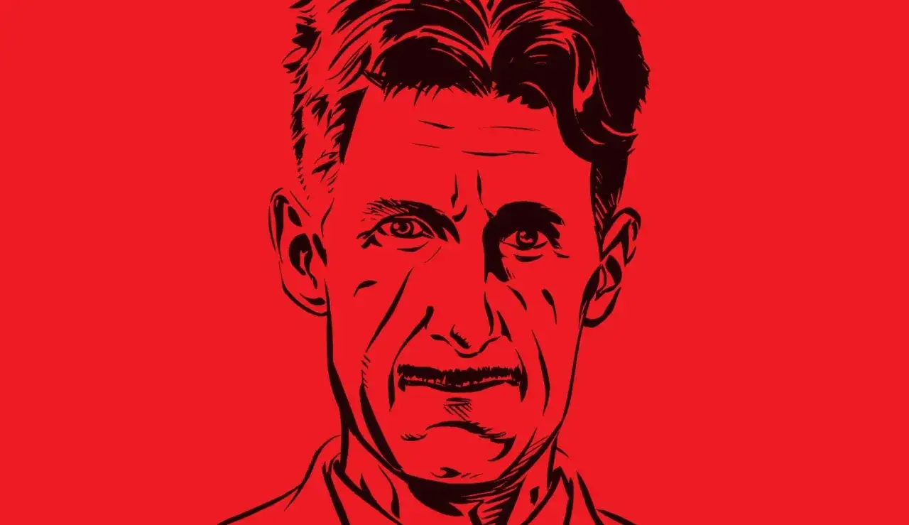 Czarno-biały portret George'a Orwella na czerwonym tle. Wyraziste rysy twarzy, charakterystyczne wąsy. Obraz nawiązuje do jego biografii i twórczości.