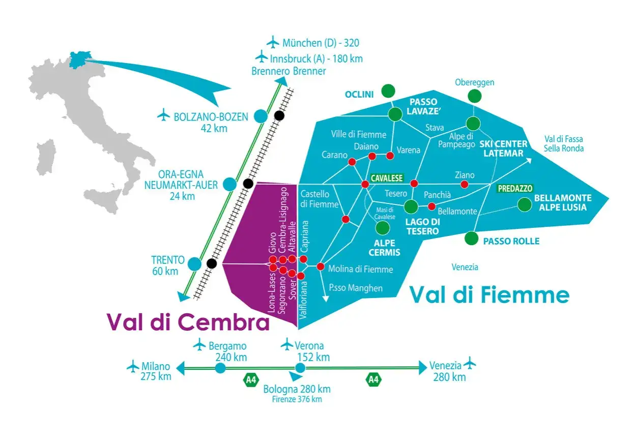 Cartina Val di Fiemme e paesi vicini, con collegamenti stradali e ferroviari da Trento, Bolzano e altre citt&agrave;.