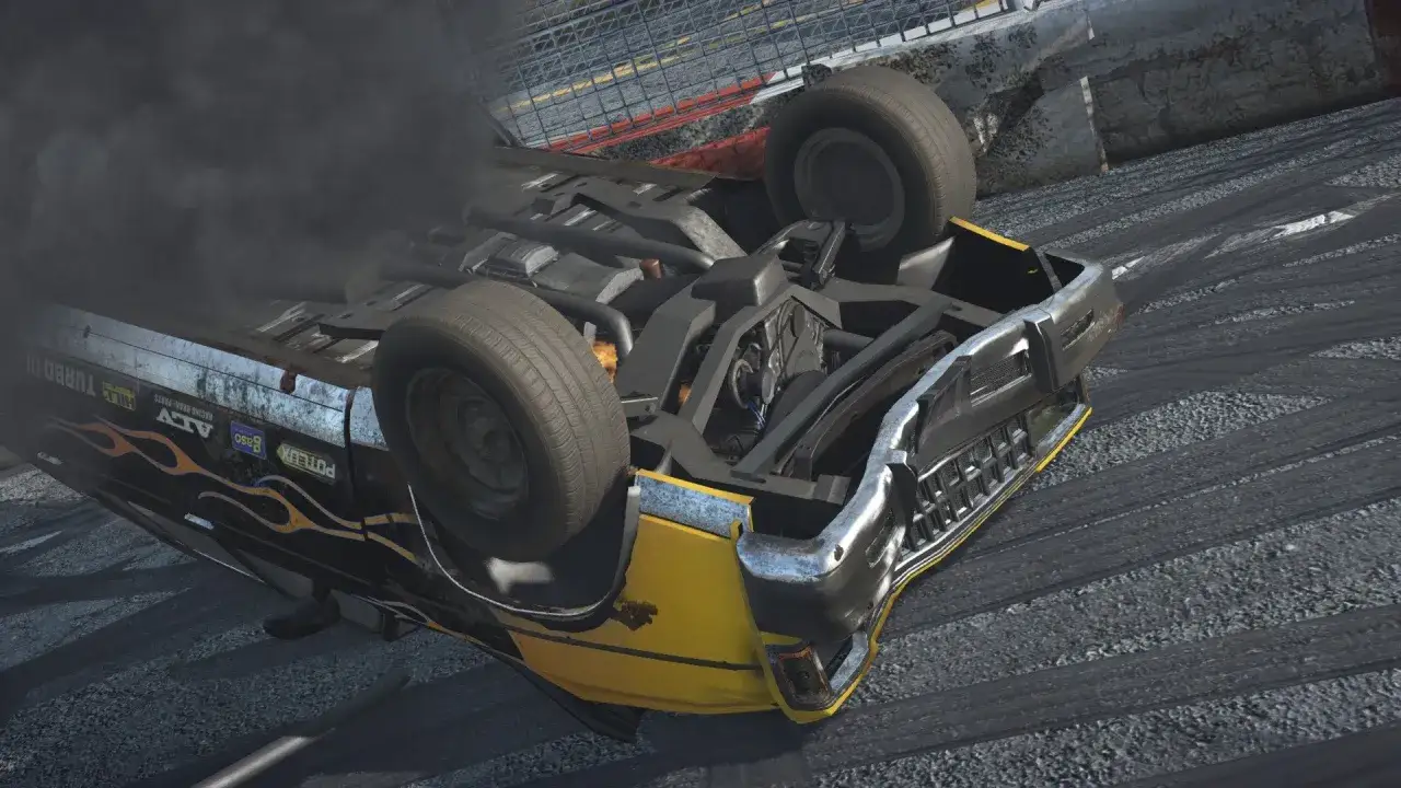 Wypadek w grze BeamNG.drive. Auto leży na dachu, dymi się z silnika. Chcesz zagrać w BeamNG.drive za darmo?