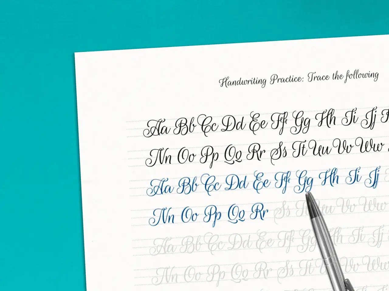 A handwriting practice sheet with cursive alphabet examples, aiming for perfect penmanship.