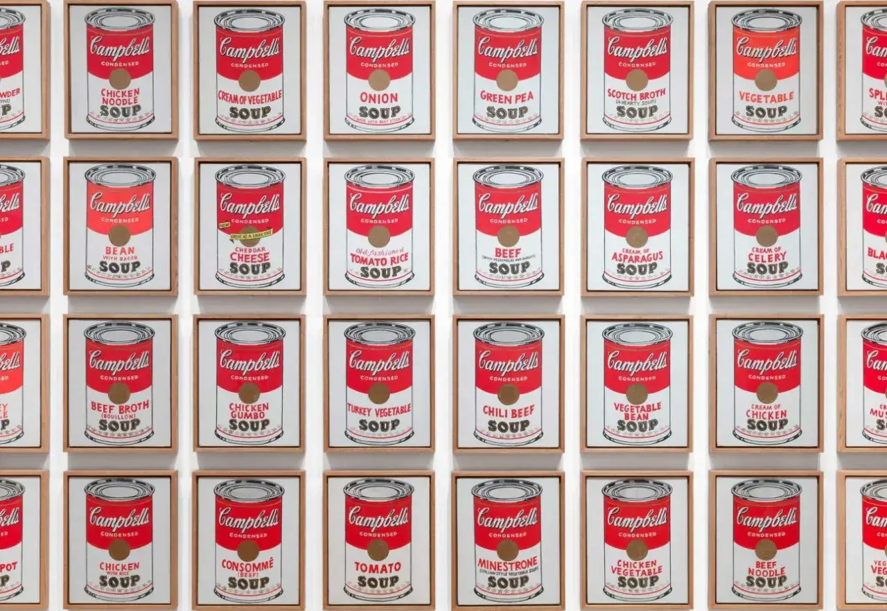 Una cuadrícula de latas de sopa Campbell, un icónico ejemplo de **Andy Warhol pop art**.