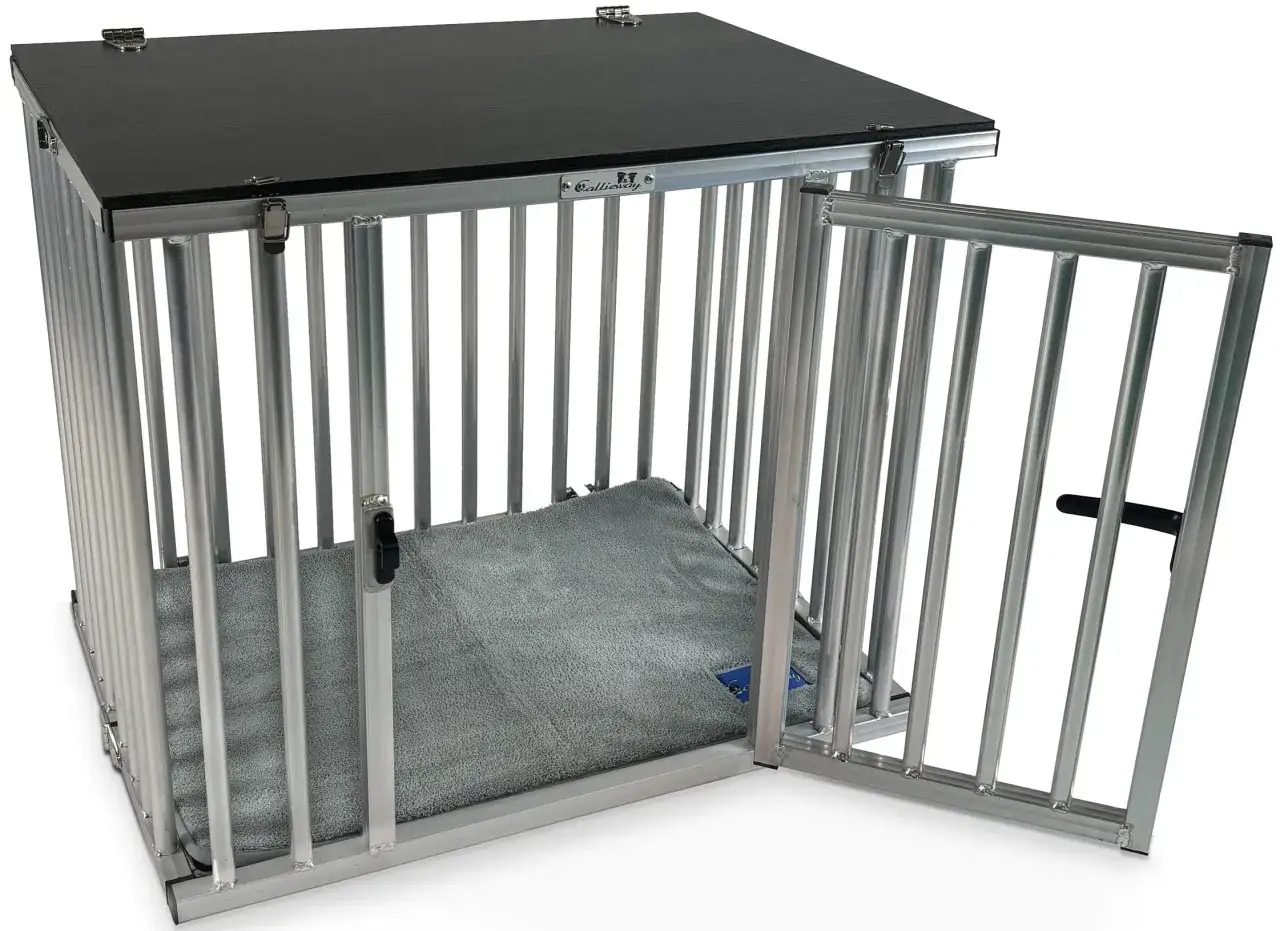 Caisse de transport aluminium avec tapis gris. La porte est ouverte, prête à accueillir votre compagnon.