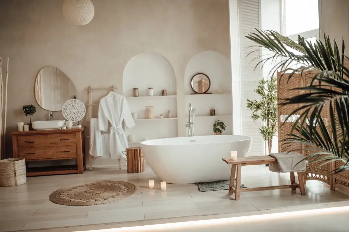 Przytulna łazienka w stylu boho z wolnostojącą wanną, drewnianą komodą i roślinami.