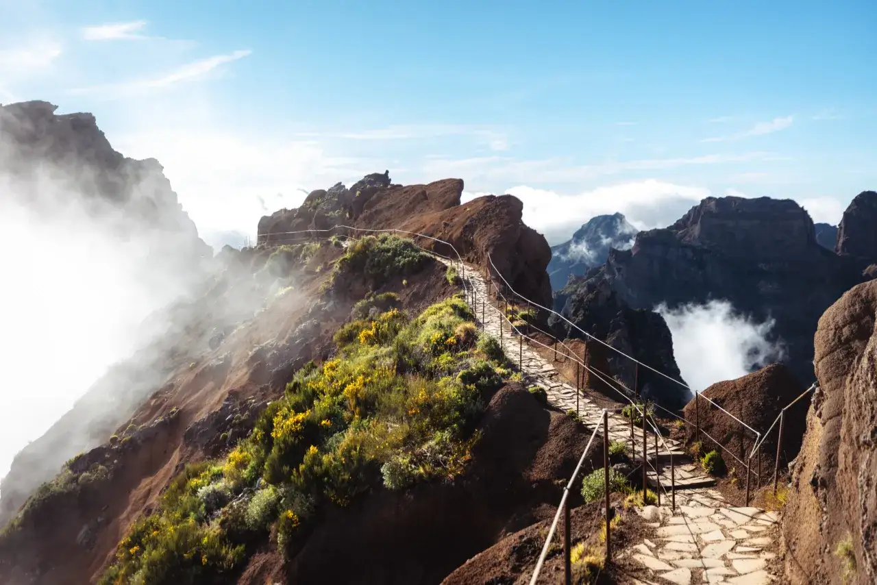 A stone path winds along a rugged mountain ridge, dotted with yellow wildflowers. This is the best hike in Madeira, with clouds swirling below and dramatic peaks in the distance.