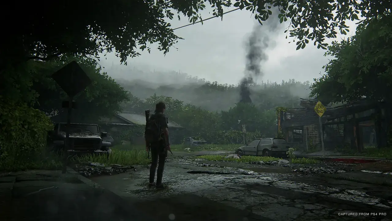Ellie stoi na zniszczonej drodze w The Last of Us Part II. W oddali widać dymiący budynek i mgliste wzgórza.