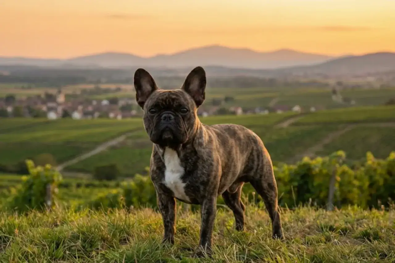 Brindle buldog francuski kiedys, z uszami jak nietoperz, na tle winnic i wzgórz o zachodzie słońca.