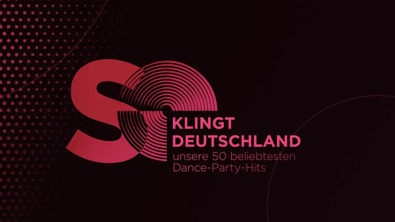 Klingt Deutschland: 50 beliebteste Dance-Party-Hits. Ein großes S-Symbol mit konzentrischen Kreisen und ein dezenter Punktmuster-Hintergrund.