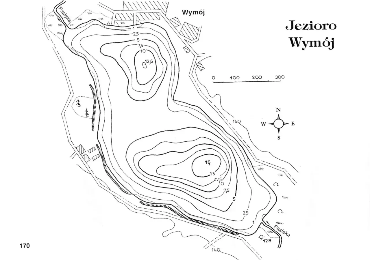 Mapa batymetryczna jeziora dużego Wymój z zaznaczonymi głębokościami i liniami brzegowymi.