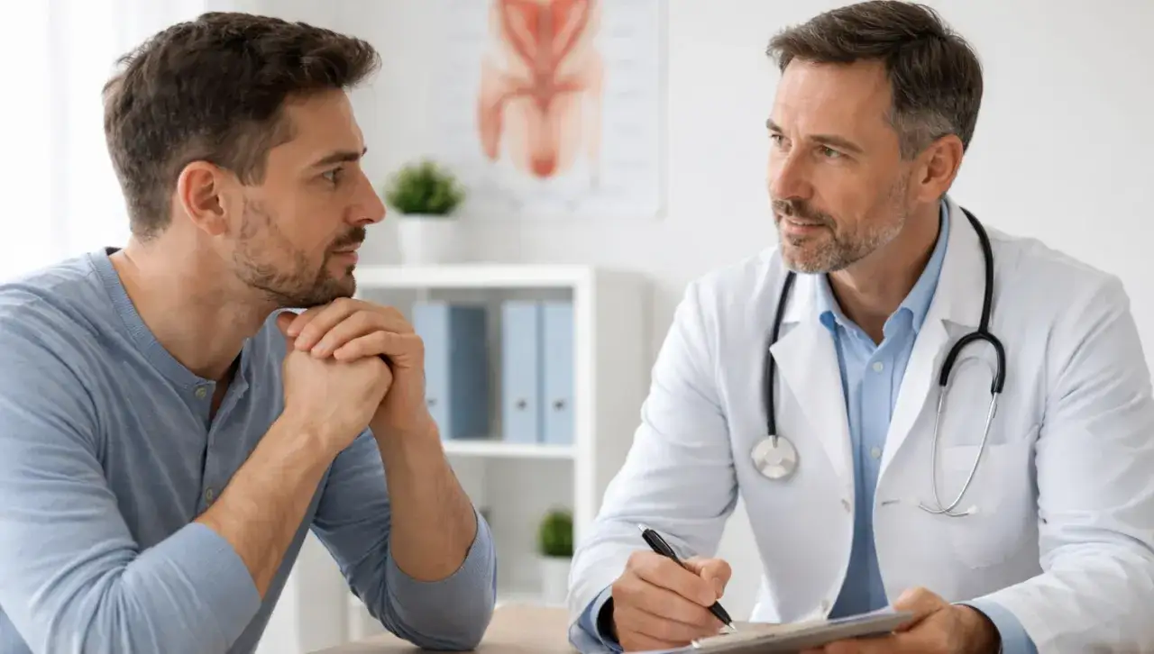 Mężczyzna zastanawiający się nad wyborem lekarza, z ikonami dermatologa i urologa