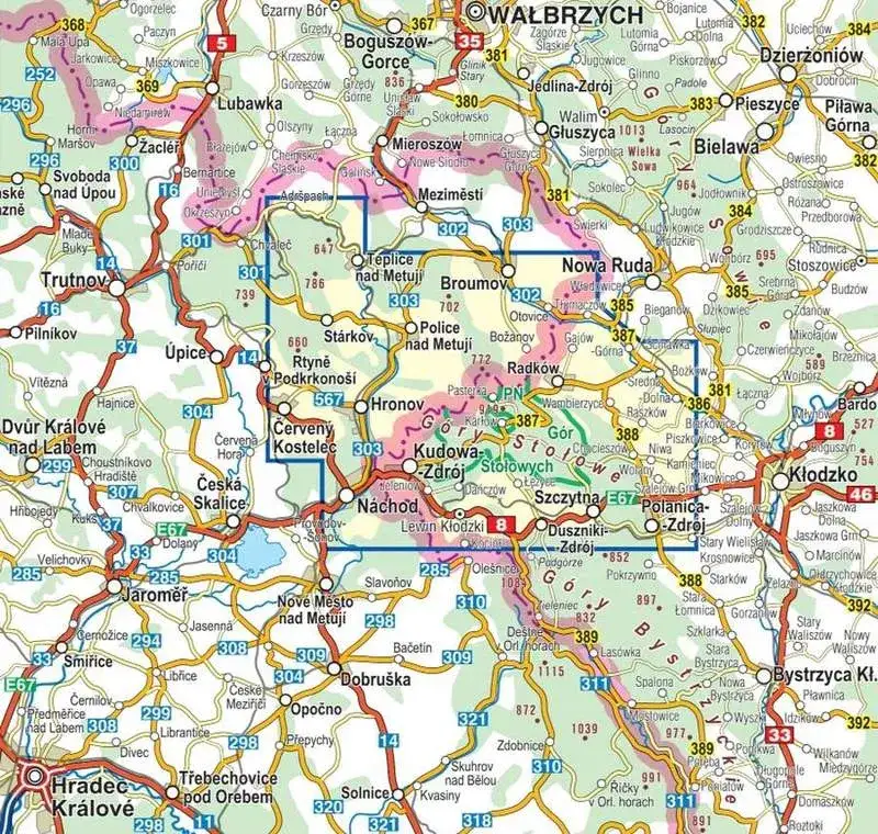 Mapa Gór Stołowych z zaznaczonymi miejscowościami Karłów Kudowa-Zdrój Radków Polanica-Zdrój Duszniki-Zdrój
