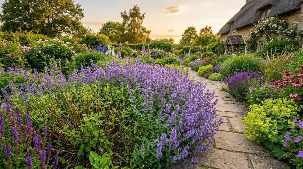 Ein &uuml;ppiger Garten mit bl&uuml;hender Katzenminze, die zum Schneiden bereit ist. Ein Weg f&uuml;hrt an bunten Blumen vorbei zu einem reetgedeckten Haus.