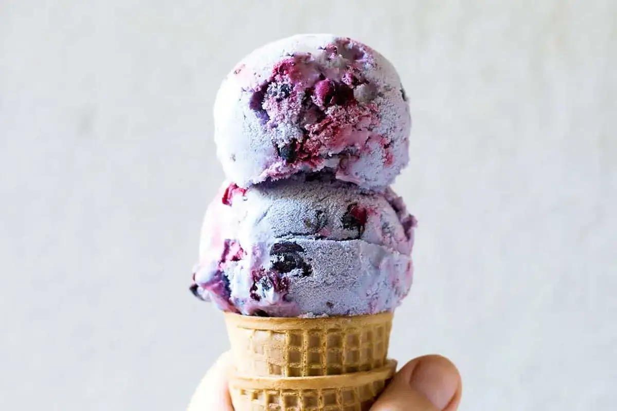 Zwei Kugeln Johannisbeer Eis mit Fruchtstückchen im Waffelhörnchen, gehalten von einer Hand.