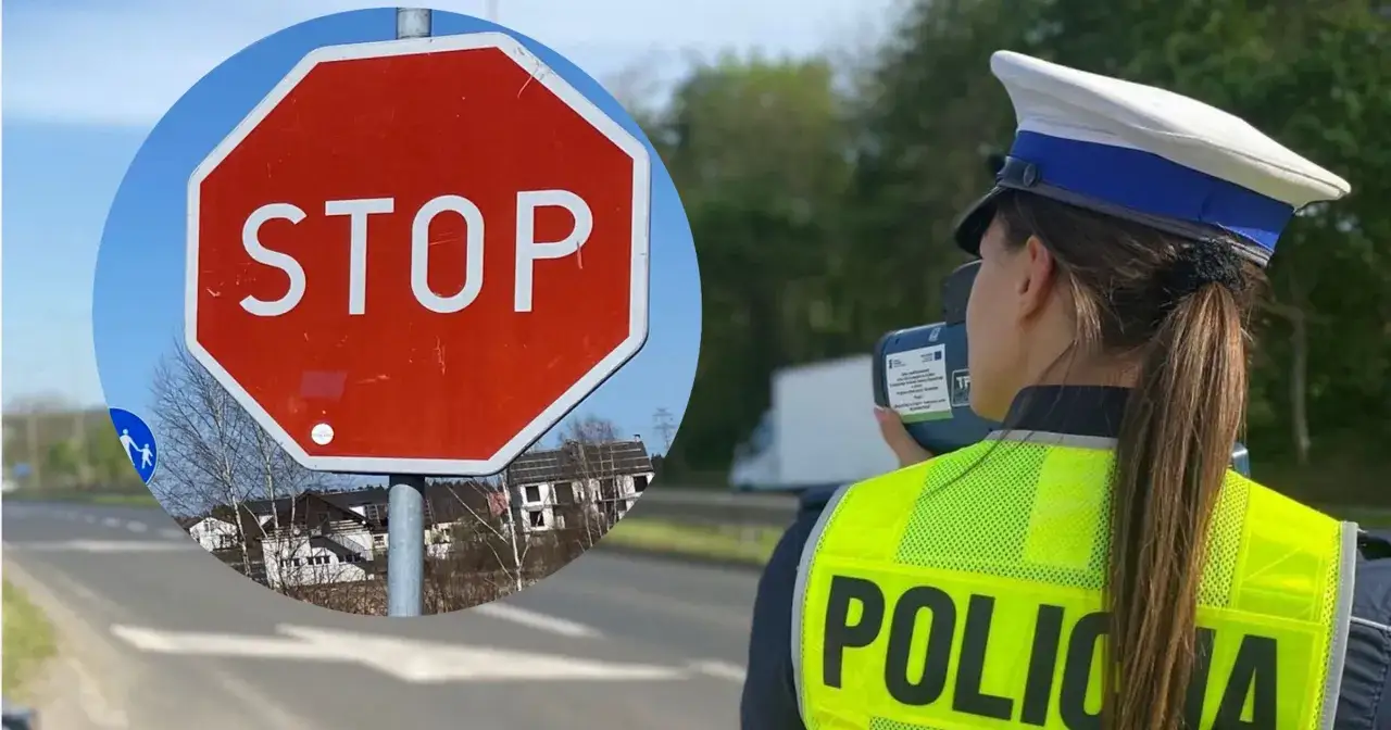 Policjantka mierzy prędkość, a znak STOP sugeruje, że nie zatrzymanie się grozi mandatem.