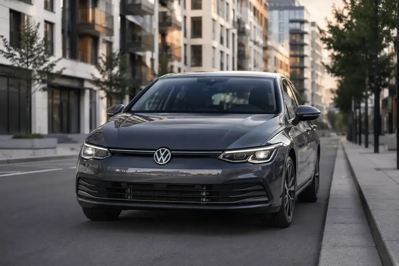 M&ouml;rkgr&aring; Golf Alltrack parkerad p&aring; en stadsgata. Kanske ett problem med att hitta parkering?
