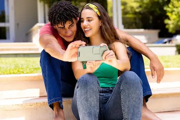 Happy diverse couple communicating