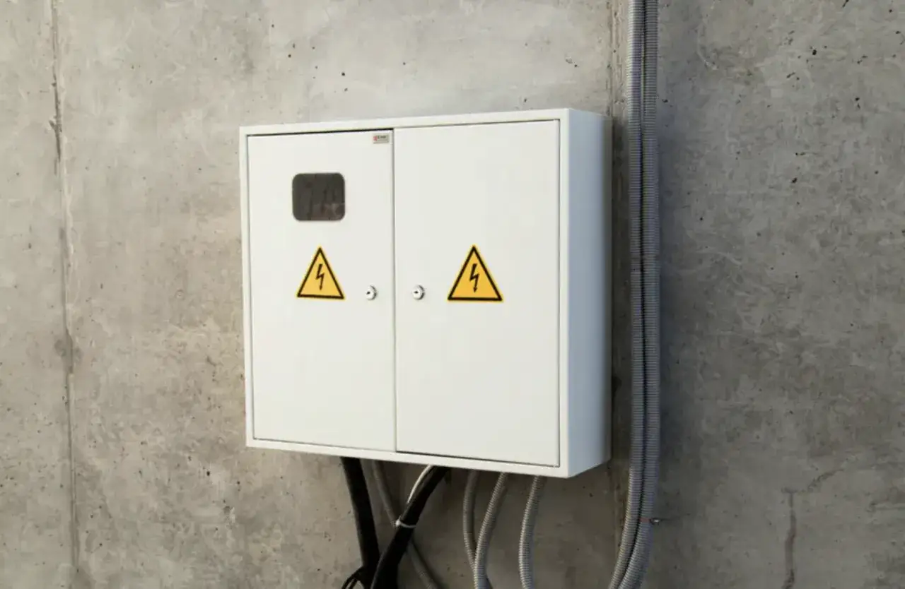 Biała skrzynka elektryczna na betonowej ścianie, z żółtymi symbolami ostrzegawczymi. To miejsce, gdzie skrzynka elektryczna na działce zapewnia zasilanie.