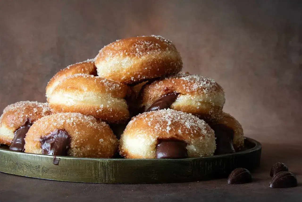 Pile de beignets gourmands fourrés au chocolat, saupoudrés de sucre. Une recette beignet qui fait saliver !