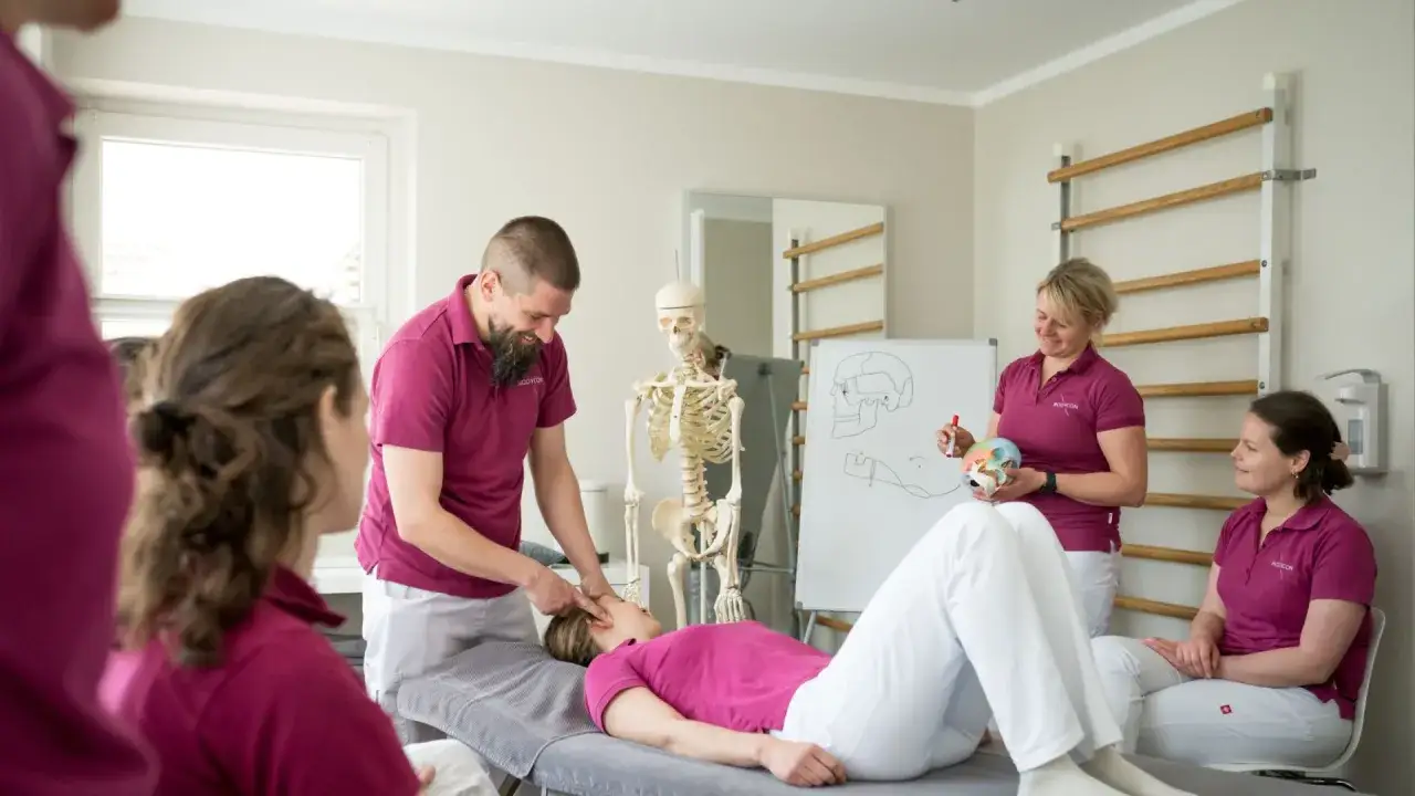 Ein Mann erkl&auml;rt den Unterschied zwischen Ergo- und Physiotherapie, w&auml;hrend er an einem Skelett und einer Patientin demonstriert.
