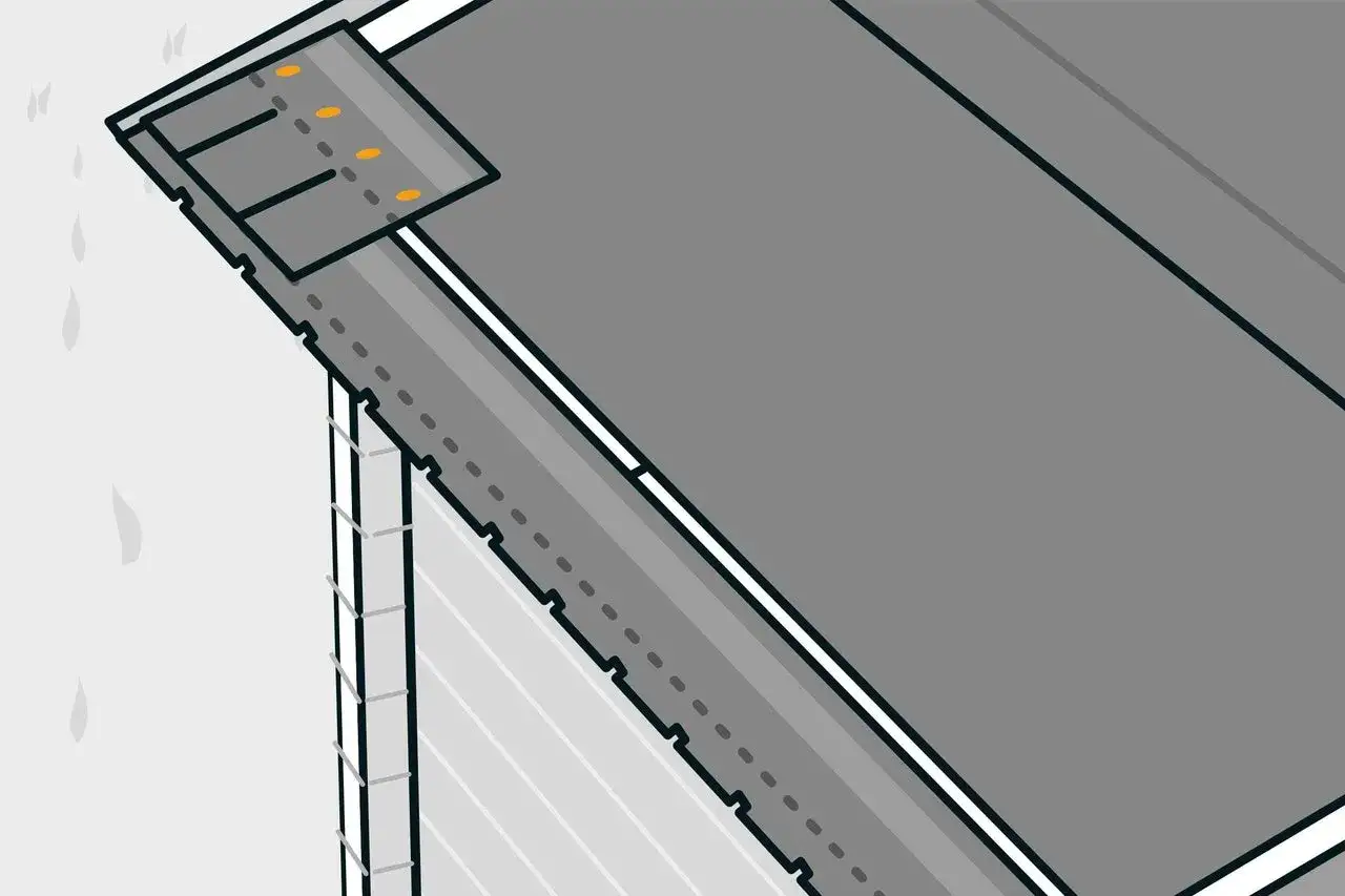 Dachschindeln verlegen: Illustration zeigt den Beginn der Dachdeckung mit grauen Schindeln und orangefarbenen Befestigungspunkten.