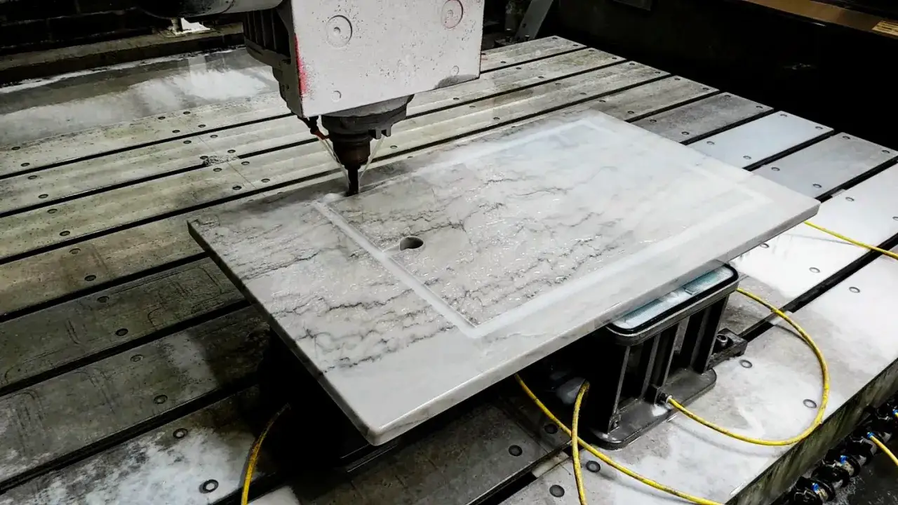 Precyzyjne cięcie konglomeratu na maszynie CNC. Woda chłodzi narzędzie podczas pracy.