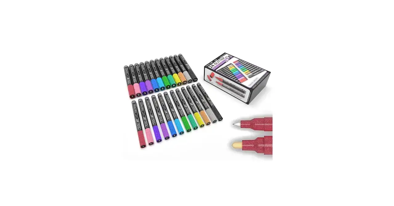 Un set de 24 rotuladores de pintura acr&iacute;lica con purpurina, ideal para dar vida a tus proyectos art&iacute;sticos.