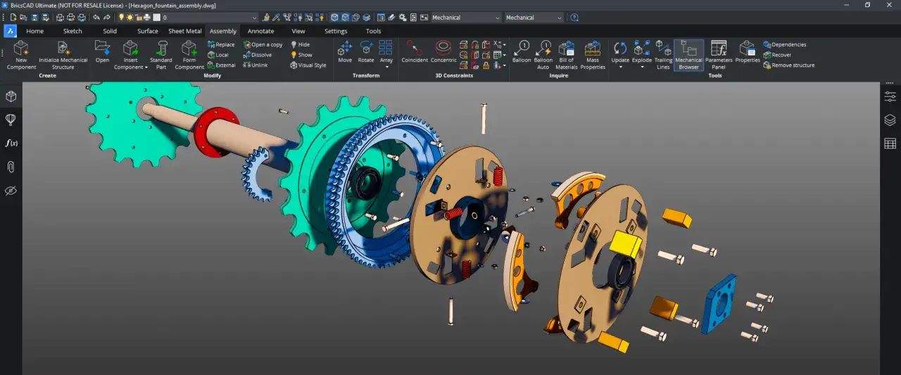 Un **inventor software** mostra un'esplosione di un assemblaggio meccanico con ingranaggi, molle e bulloni, pronto per essere modificato.