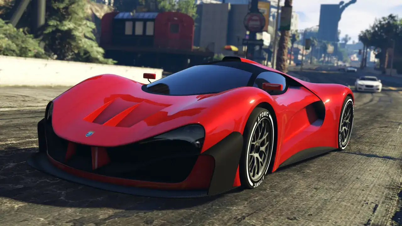 Czerwony supersamochód na drodze, idealny do gry z kodami do GTA V Xbox.