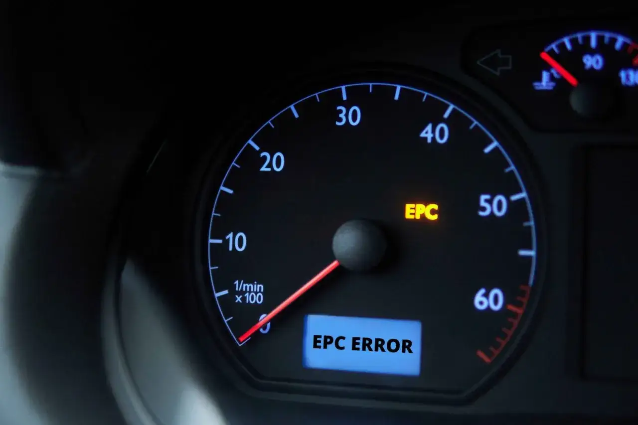 Na desce rozdzielczej świeci się żółta kontrolka EPC, a pod nią wyświetla się komunikat