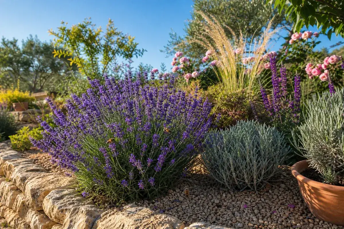 Lavendelbeet-Ideen: &Uuml;ppiger Lavendel bl&uuml;ht neben silbrigem Zierkraut und rosa Rosen. Bienen summen flei&szlig;ig.