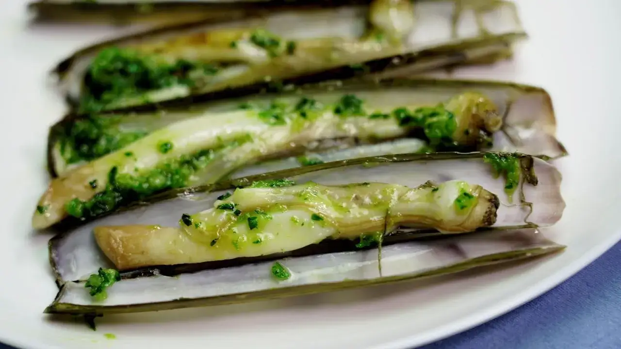 Navajas a la plancha con perejil picado, servidas en sus conchas sobre un plato blanco.