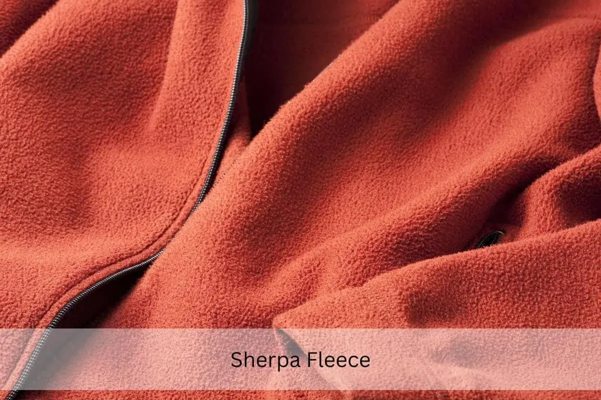 Richtig waschen: So bleibt Ihr Sherpa Fleece kuschelig weich. Nahaufnahme des orangefarbenen Fleecestoffs mit Rei&szlig;verschluss.