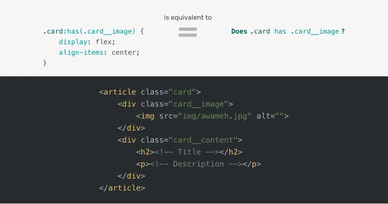 Exemple CSS : `.card:has(.card_image)` s'applique si un &eacute;l&eacute;ment `.card` contient un `.card_image`.