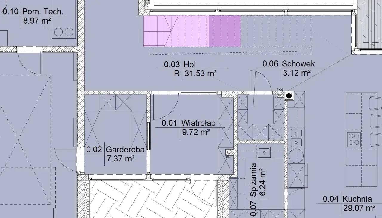 Plan mieszkania z zaznaczonymi pomieszczeniami: hol (31.53 m²), garderoba (7.37 m²), spiżarnia (6.24 m²), kuchnia (29.07 m²). Całkowita powierzchnia użytkowa do zagospodarowania.