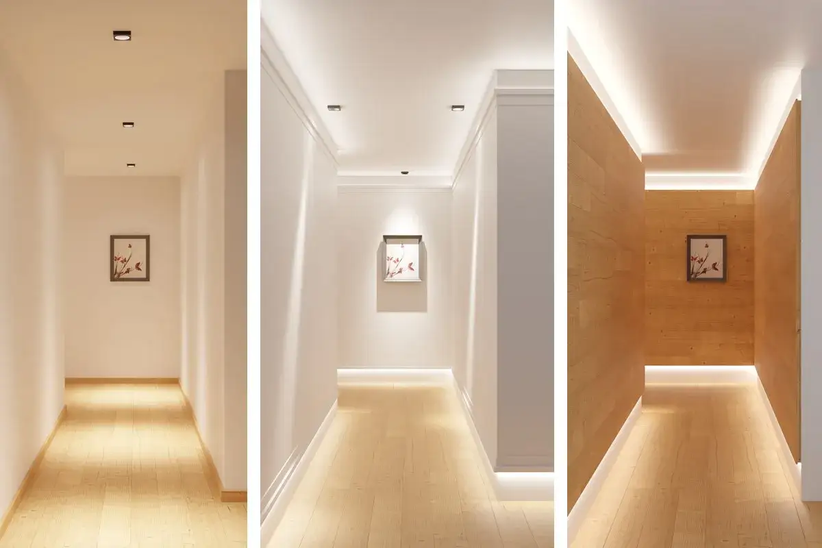Moderne Flure gestalten: Helle Gänge mit indirekter Beleuchtung und Kunstwerk. Holzfußböden und schlichte Wände schaffen eine einladende Atmosphäre.