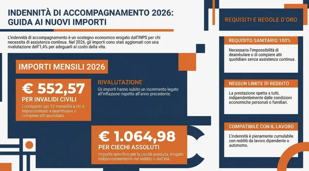 Indennità di accompagnamento 2026: €552,57 per invalidi civili (100%), €1.064,98 per ciechi assoluti. Rivalutazione e requisiti.
