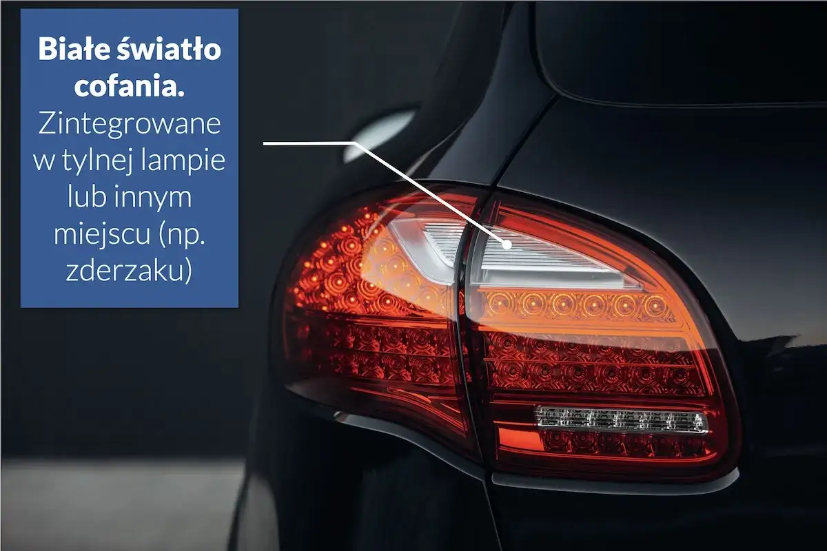 Białe światło cofania, zintegrowane w tylnej lampie lub zderzaku, informuje na jakich światłach się jeździ podczas cofania.