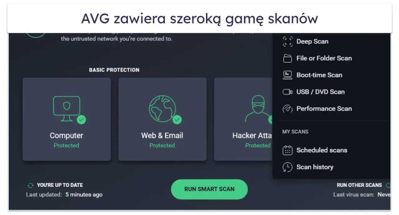Interfejs AVG pokazuje opcje skanowania, w tym