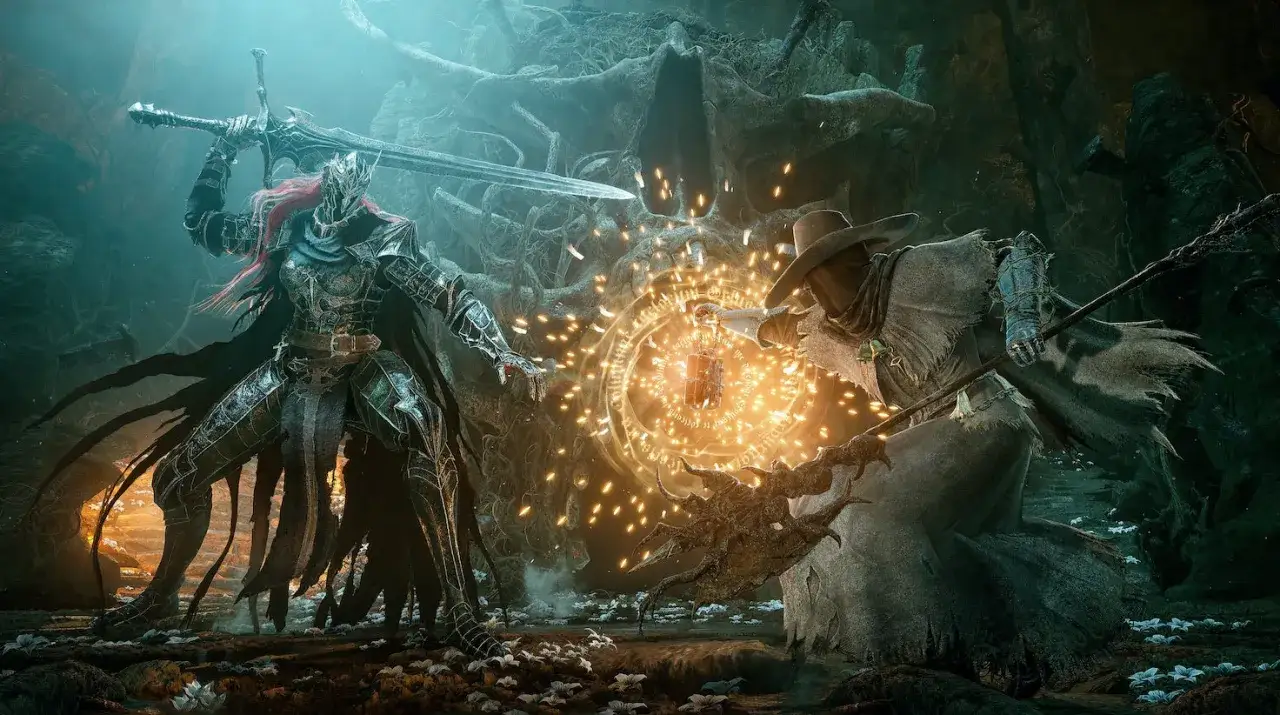 Rycerz w lśniącej zbroi i mag w kapeluszu stają naprzeciw siebie w mrocznym świecie Lords of the Fallen.