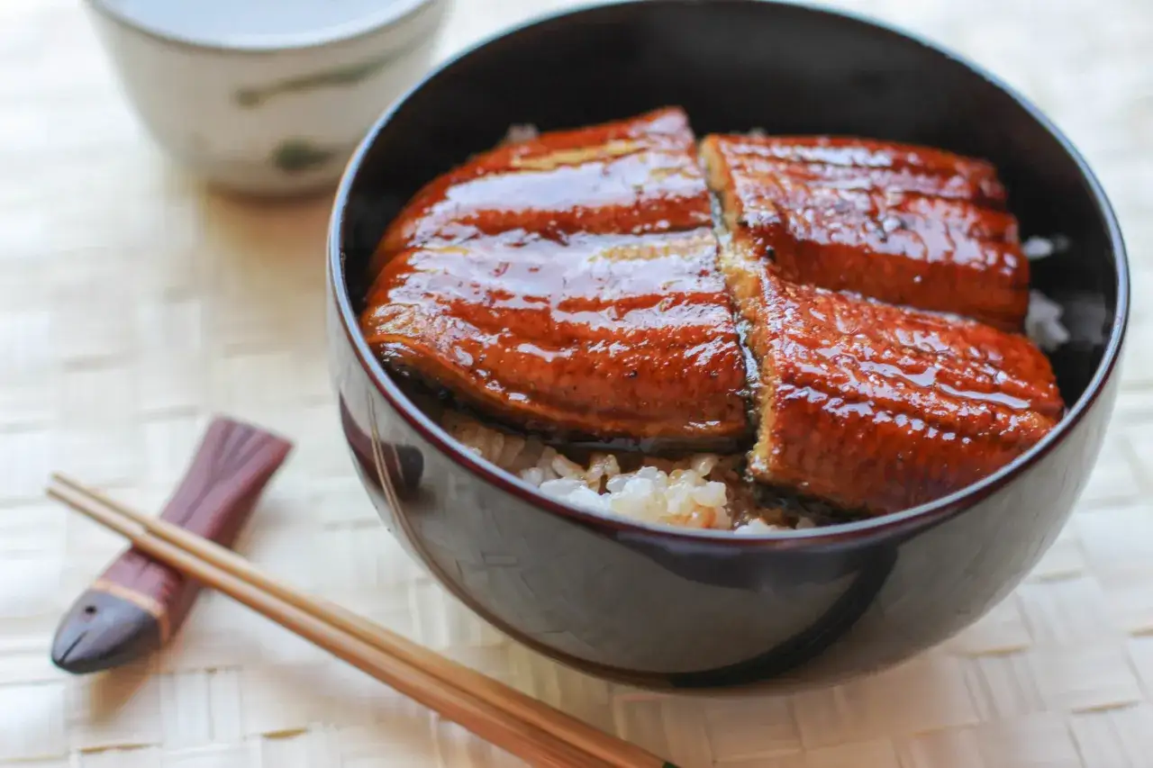 Schüssel mit Reis und glasiertem Aal, was ist Unagi? Dazu Stäbchen und ein Fisch-Ständer.